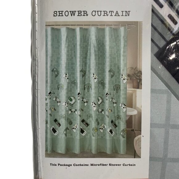 Gamer Shower Curtain Video Game Hook Set Fabric Curtain 70 X 72 Green Grey Mult - Picture 2 of 15